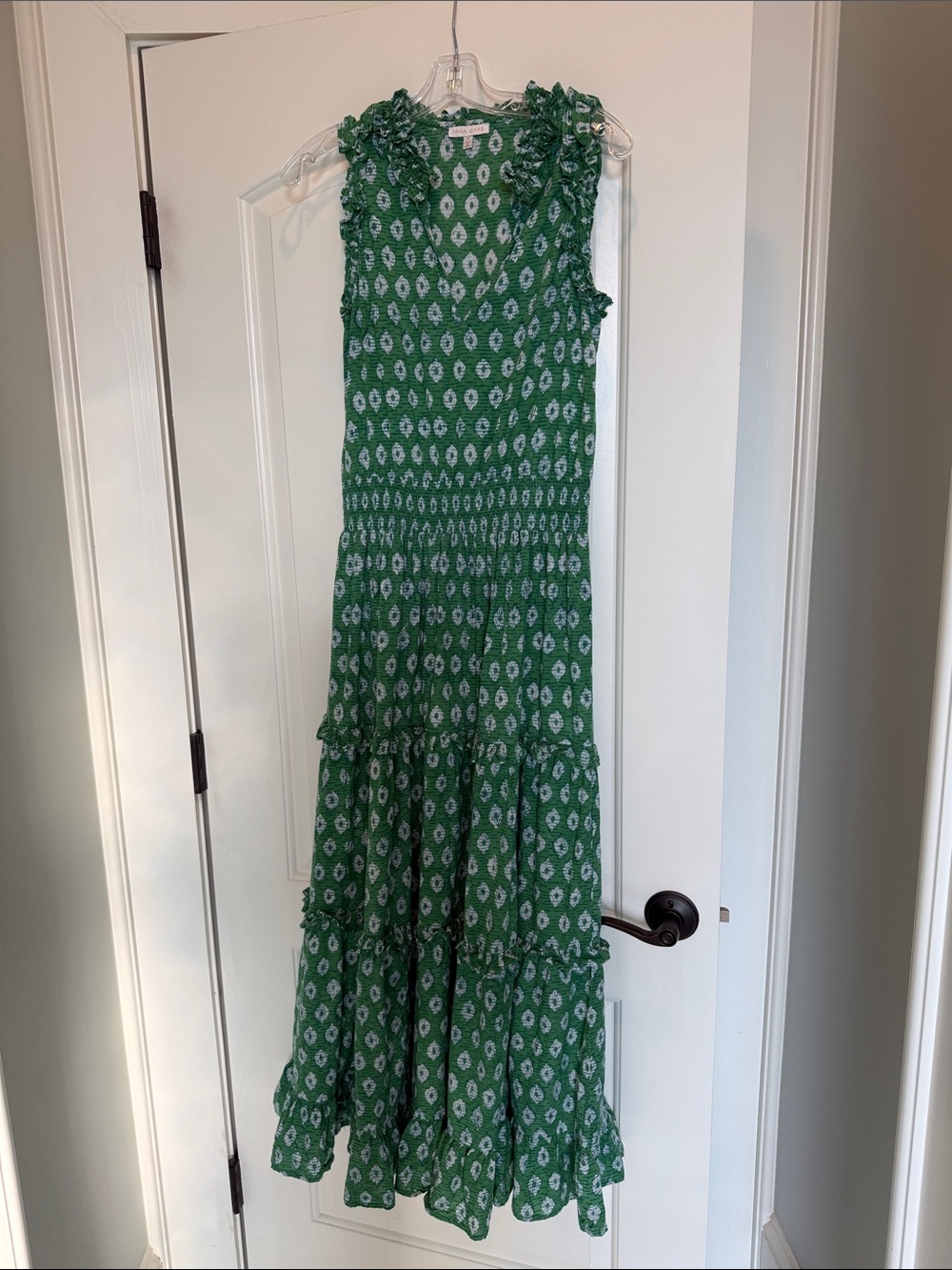 Anna Cate Green Printed Maxi Dress with Ruffle Shoulders